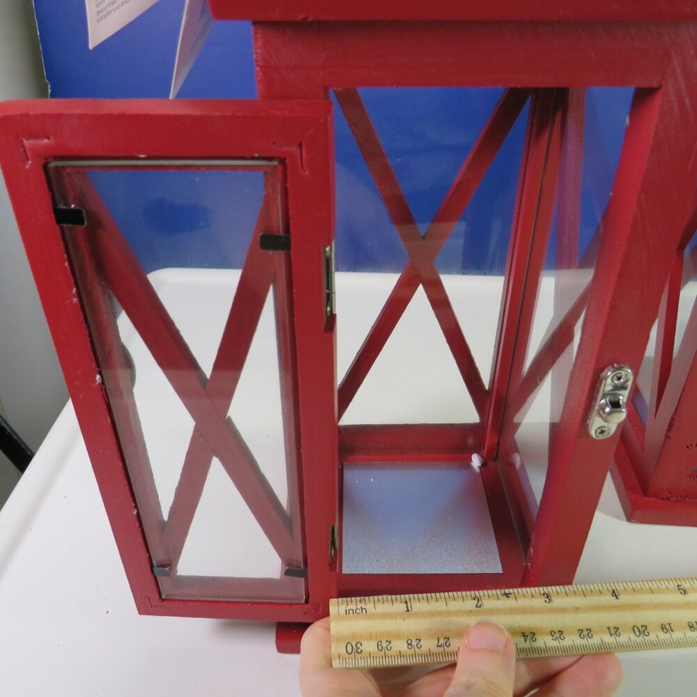 (2) Red Wood & Glass Lanterns w metal hinges Farmhouse Winter Holiday - Picture 9 of 16